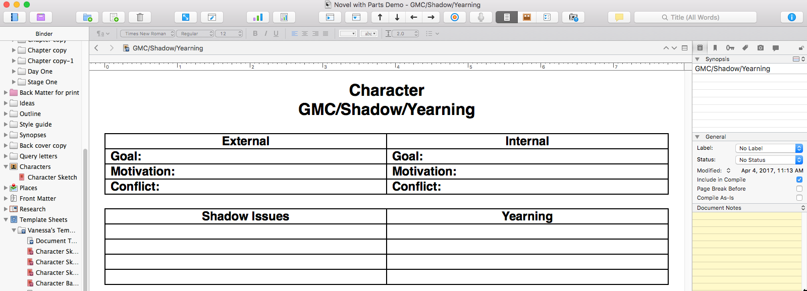 Character GMC Yearning chart in Scrivener