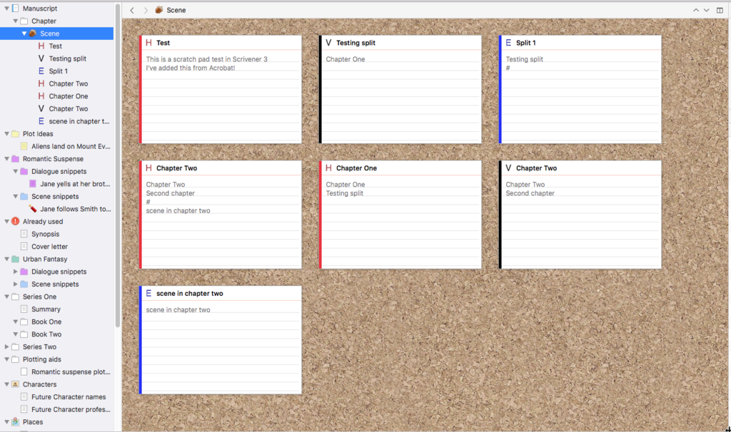 Image of Scrivener 3 binder and corkboard showing Icon as Text assigned for POV